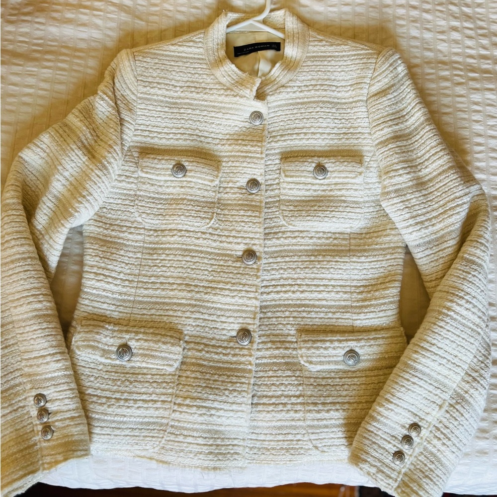 ZARA Ivory Chanel-Style Blazer Jacket - Size L